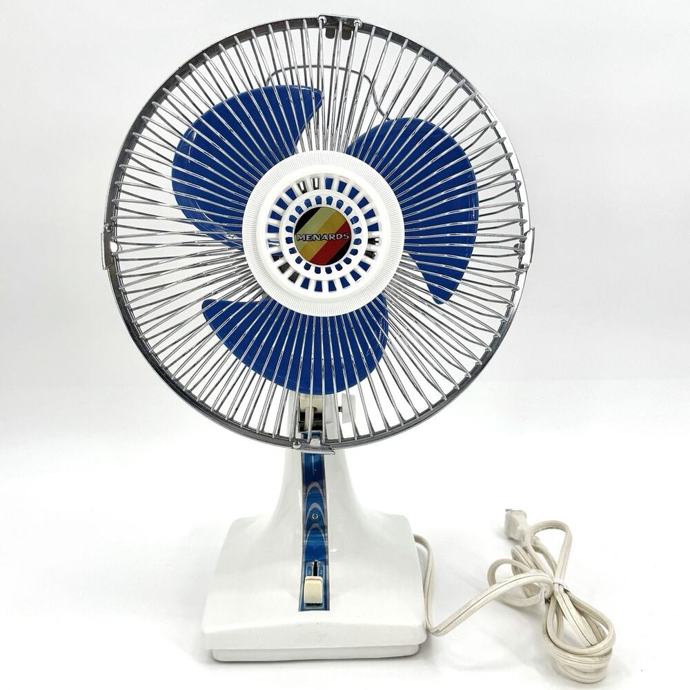 Vintage Menards 9” Personal Oscillating Desk Fan TESTED Blue 2 Speed Retro